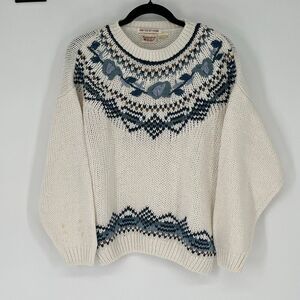 HUNTINGTON RIDGE‎ Women’s L Vtg Hand-Knit Sweater Cream Floral Boho Cottagecore
